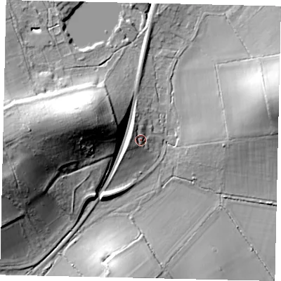 Shaded relief map of the ground around KT112SW, computed from Environment Agency LiDAR. The ground here sits at about 39 m above sea level and falls 29 m across the surrounding 800 m. Surface water reaching this point runs off ground lying to the west, 5.2 m higher.