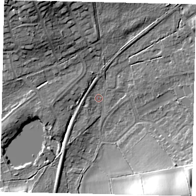 Shaded relief map of the ground around KT112SY, computed from Environment Agency LiDAR. The ground here sits at about 39 m above sea level and falls 22 m across the surrounding 800 m. Surface water reaching this point runs off ground lying to the north-north-west, 15.7 m higher.