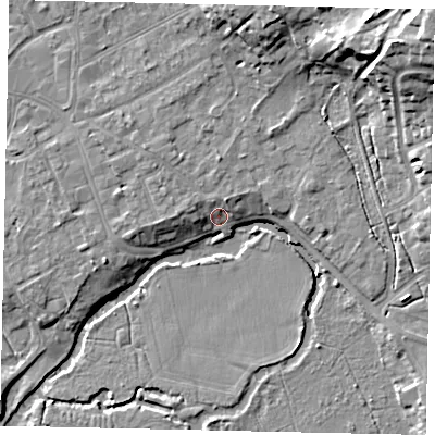Shaded relief map of the ground around KT113AL, computed from Environment Agency LiDAR. The ground here sits at about 21 m above sea level and falls 19 m across the surrounding 800 m. Surface water reaching this point runs off ground lying to the north-east, 15.8 m higher.
