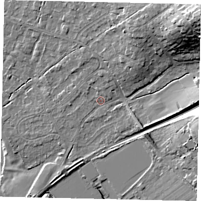Shaded relief map of the ground around KT113BL, computed from Environment Agency LiDAR. The ground here sits at about 26 m above sea level and falls 30 m across the surrounding 800 m. Surface water reaching this point runs off ground lying to the north-east, 23.7 m higher.
