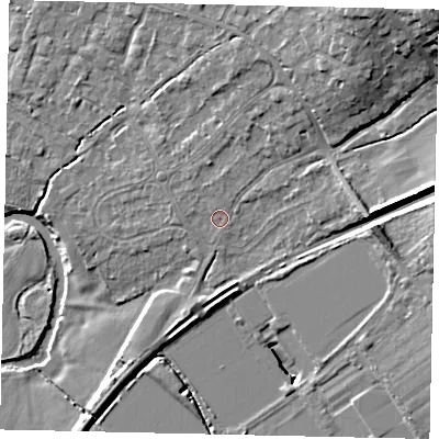 Shaded relief map of the ground around KT113BN, computed from Environment Agency LiDAR. The ground here sits at about 25 m above sea level and falls 21 m across the surrounding 800 m. Surface water reaching this point runs off ground lying to the north-north-east, 3.9 m higher.
