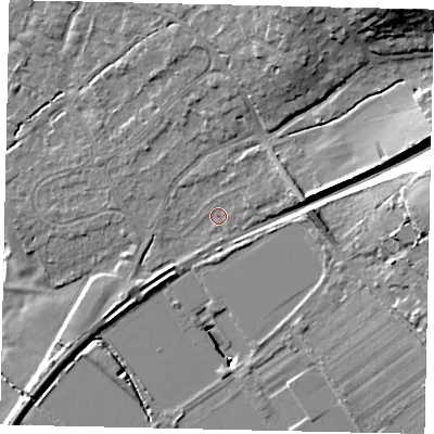 Shaded relief map of the ground around KT113BS, computed from Environment Agency LiDAR. The ground here sits at about 26 m above sea level and falls 20 m across the surrounding 800 m. Surface water reaching this point runs off ground lying to the east-north-east, 4.3 m higher.