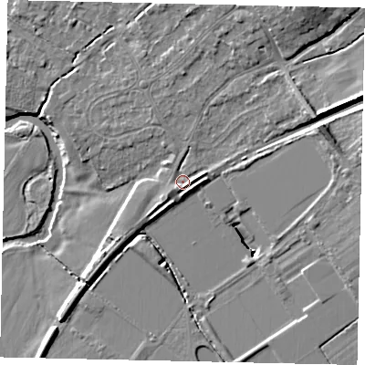 Shaded relief map of the ground around KT113BT, computed from Environment Agency LiDAR. The ground here sits at about 25 m above sea level and falls 12 m across the surrounding 800 m. Surface water reaching this point runs off ground lying to the east-north-east, 6.3 m higher.