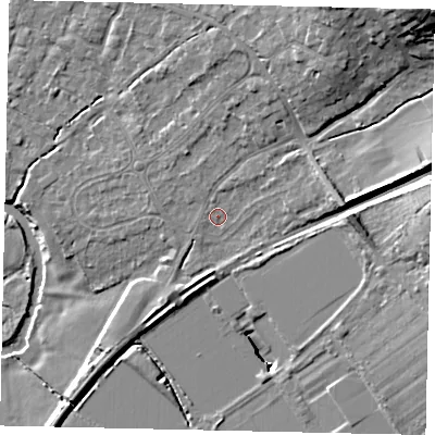 Shaded relief map of the ground around KT113BW, computed from Environment Agency LiDAR. The ground here sits at about 25 m above sea level and falls 20 m across the surrounding 800 m. Surface water reaching this point runs off ground lying to the north-east, 15.9 m higher.