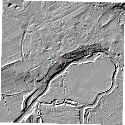 Shaded relief map of the ground around KT113EF, computed from Environment Agency LiDAR. The ground here sits at about 21 m above sea level and falls 13 m across the surrounding 800 m. Surface water reaching this point runs off ground lying to the west, 2.2 m higher.