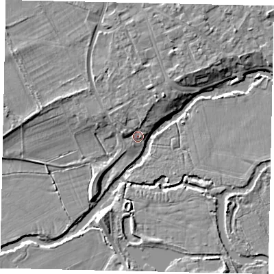 Shaded relief map of the ground around KT113EJ, computed from Environment Agency LiDAR. The ground here sits at about 20 m above sea level and falls 6 m across the surrounding 800 m. Surface water reaching this point runs off ground lying to the north-north-east, 2.6 m higher.