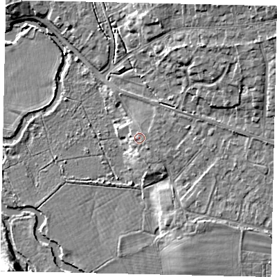 Shaded relief map of the ground around KT113EZ, computed from Environment Agency LiDAR. The ground here sits at about 23 m above sea level and falls 15 m across the surrounding 800 m. Surface water reaching this point runs off ground lying to the east, 2.4 m higher.
