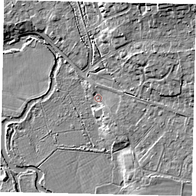 Shaded relief map of the ground around KT113HA, computed from Environment Agency LiDAR. The ground here sits at about 22 m above sea level and falls 14 m across the surrounding 800 m. Surface water reaching this point runs off ground lying to the east, 3.4 m higher.