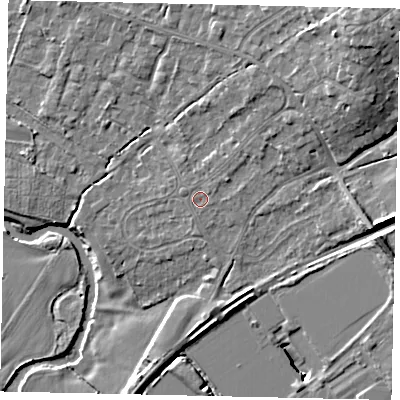 Shaded relief map of the ground around KT113HZ, computed from Environment Agency LiDAR. The ground here sits at about 25 m above sea level and falls 18 m across the surrounding 800 m. Surface water reaching this point runs off ground lying to the north-east, 9.2 m higher.