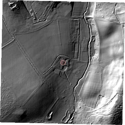Shaded relief map of the ground around KT113JT, computed from Environment Agency LiDAR. The ground here sits at about 30 m above sea level and falls 30 m across the surrounding 800 m. Surface water reaching this point runs off ground lying to the south-west, 6.5 m higher.