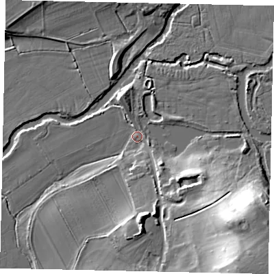 Shaded relief map of the ground around KT113LP, computed from Environment Agency LiDAR. The ground here sits at about 20 m above sea level and falls 27 m across the surrounding 800 m. Surface water reaching this point runs off ground lying to the south-east, 25.0 m higher.