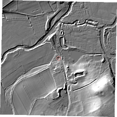 Shaded relief map of the ground around KT113LR, computed from Environment Agency LiDAR. The ground here sits at about 19 m above sea level and falls 27 m across the surrounding 800 m. Surface water reaching this point runs off ground lying to the south-east, 25.0 m higher.