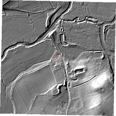 Shaded relief map of the ground around KT113LS, computed from Environment Agency LiDAR. The ground here sits at about 20 m above sea level and falls 27 m across the surrounding 800 m. Surface water reaching this point runs off ground lying to the south-east, 25.0 m higher.