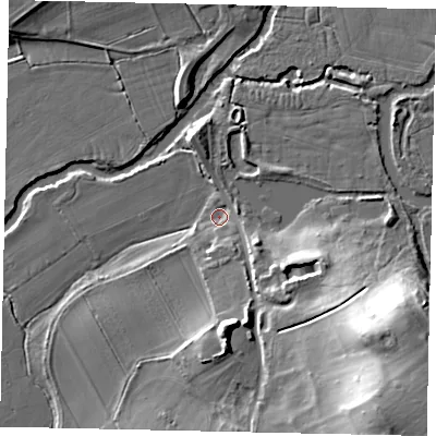Shaded relief map of the ground around KT113LT, computed from Environment Agency LiDAR. The ground here sits at about 19 m above sea level and falls 27 m across the surrounding 800 m. Surface water reaching this point runs off ground lying to the south-east, 25.0 m higher.