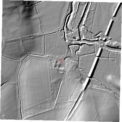 Shaded relief map of the ground around KT113NE, computed from Environment Agency LiDAR. The ground here sits at about 23 m above sea level and falls 18 m across the surrounding 800 m. Surface water reaching this point runs off ground lying to the south, 8.4 m higher.
