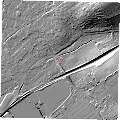 Shaded relief map of the ground around KT113PS, computed from Environment Agency LiDAR. The ground here sits at about 27 m above sea level and falls 31 m across the surrounding 800 m. Surface water reaching this point runs off ground lying to the east, 7.6 m higher.