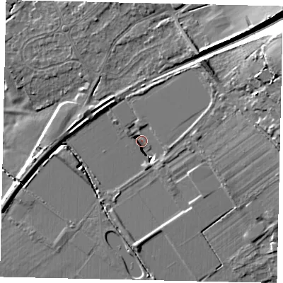 Shaded relief map of the ground around KT113PT, computed from Environment Agency LiDAR. The ground here sits at about 23 m above sea level and falls 18 m across the surrounding 800 m. Surface water reaching this point runs off ground lying to the east-north-east, 17.7 m higher.