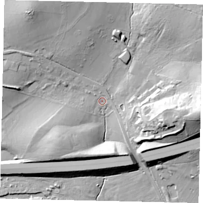 Shaded relief map of the ground around KT113PZ, computed from Environment Agency LiDAR. The ground here sits at about 32 m above sea level and falls 33 m across the surrounding 800 m. Surface water reaching this point runs off ground lying to the east, 25.5 m higher.