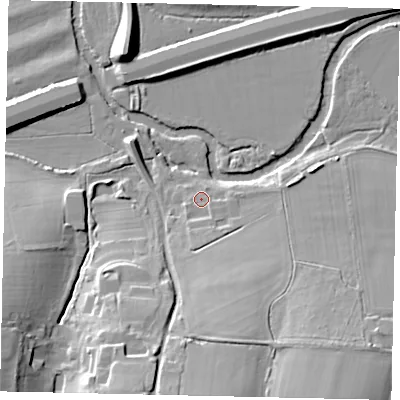 Shaded relief map of the ground around KT113QE, computed from Environment Agency LiDAR. The ground here sits at about 27 m above sea level and falls 22 m across the surrounding 800 m. Surface water reaching this point runs off ground lying to the south, 3.9 m higher.
