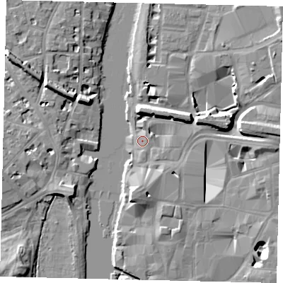 Shaded relief map of the ground around KT11AE, computed from Environment Agency LiDAR. The ground here sits at about 7 m above sea level and falls 11 m across the surrounding 800 m. Surface water reaching this point runs off ground lying to the east-north-east, 1.9 m higher.