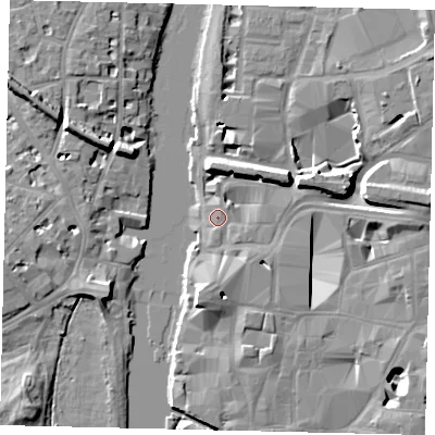 Shaded relief map of the ground around KT11AF, computed from Environment Agency LiDAR. The ground here sits at about 7 m above sea level and falls 11 m across the surrounding 800 m. Surface water reaching this point runs off ground lying to the south-east, 2.1 m higher.