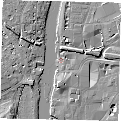 Shaded relief map of the ground around KT11AJ, computed from Environment Agency LiDAR. The ground here sits at about 6 m above sea level and falls 11 m across the surrounding 800 m. Surface water reaching this point runs off ground lying to the east, 2.0 m higher.