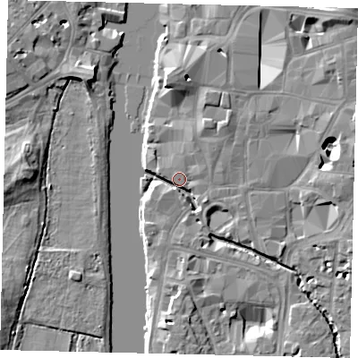 Shaded relief map of the ground around KT11AL, computed from Environment Agency LiDAR. The ground here sits at about 7 m above sea level and falls 10 m across the surrounding 800 m. Surface water reaching this point runs off ground lying to the north-east, 4.7 m higher.