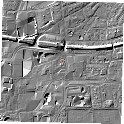 Shaded relief map of the ground around KT11AN, computed from Environment Agency LiDAR. The ground here sits at about 8 m above sea level and falls 11 m across the surrounding 800 m. Surface water reaching this point runs off ground lying to the south-south-west, 0.9 m higher.