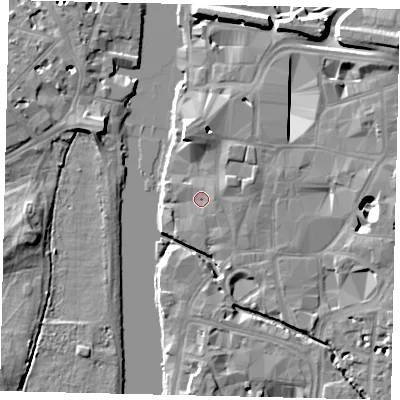 Shaded relief map of the ground around KT11AQ, computed from Environment Agency LiDAR. The ground here sits at about 7 m above sea level and falls 10 m across the surrounding 800 m. Surface water reaching this point runs off ground lying to the east, 1.8 m higher.