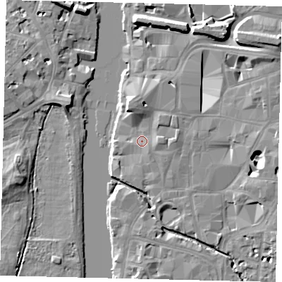 Shaded relief map of the ground around KT11AS, computed from Environment Agency LiDAR. The ground here sits at about 7 m above sea level and falls 11 m across the surrounding 800 m. Surface water reaching this point runs off ground lying to the north-north-west, 6.5 m higher.