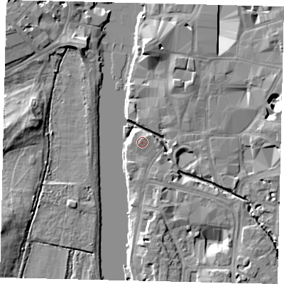 Shaded relief map of the ground around KT11AZ, computed from Environment Agency LiDAR. The ground here sits at about 8 m above sea level and falls 10 m across the surrounding 800 m. The ground contributing surface water to this point lies to the north.