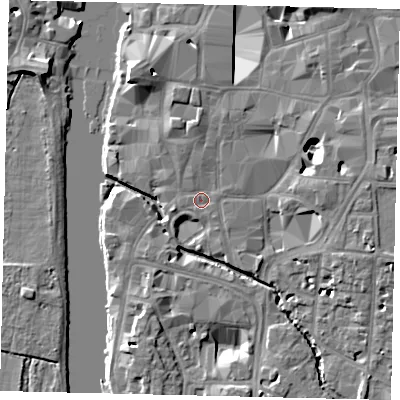 Shaded relief map of the ground around KT11BB, computed from Environment Agency LiDAR. The ground here sits at about 7 m above sea level and falls 10 m across the surrounding 800 m. Surface water reaching this point runs off ground lying to the north, 2.1 m higher.