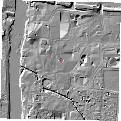 Shaded relief map of the ground around KT11BJ, computed from Environment Agency LiDAR. The ground here sits at about 8 m above sea level and falls 11 m across the surrounding 800 m. The ground contributing surface water to this point lies to the east.