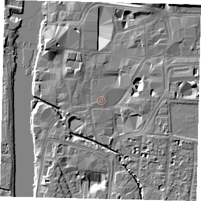 Shaded relief map of the ground around KT11BL, computed from Environment Agency LiDAR. The ground here sits at about 8 m above sea level and falls 11 m across the surrounding 800 m. The ground contributing surface water to this point lies to the north.
