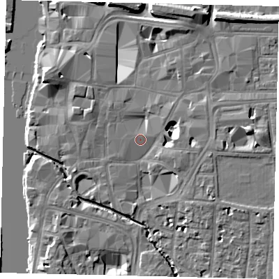Shaded relief map of the ground around KT11BP, computed from Environment Agency LiDAR. The ground here sits at about 8 m above sea level and falls 11 m across the surrounding 800 m. Surface water reaching this point runs off ground lying to the north-north-west, 0.5 m higher.