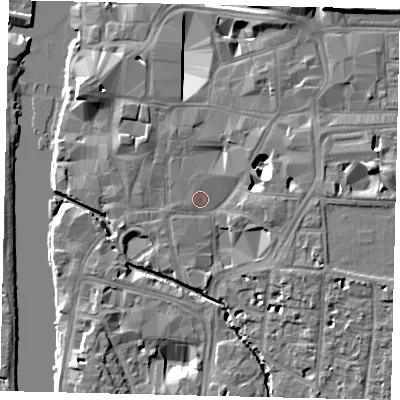 Shaded relief map of the ground around KT11BS, computed from Environment Agency LiDAR. The ground here sits at about 8 m above sea level and falls 11 m across the surrounding 800 m. Surface water reaching this point runs off ground lying to the north-north-west, 0.8 m higher.