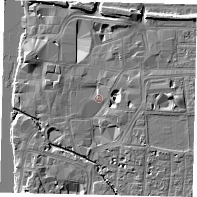 Shaded relief map of the ground around KT11BU, computed from Environment Agency LiDAR. The ground here sits at about 8 m above sea level and falls 11 m across the surrounding 800 m. Surface water reaching this point runs off ground lying to the west-south-west, 1.4 m higher.