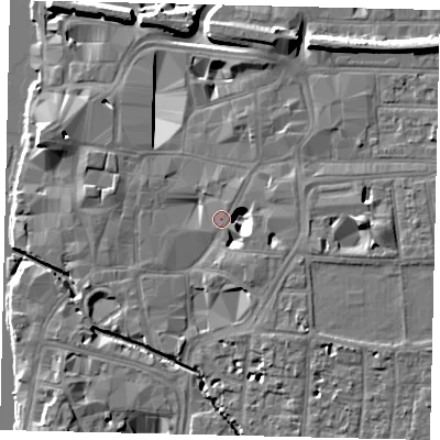 Shaded relief map of the ground around KT11BW, computed from Environment Agency LiDAR. The ground here sits at about 8 m above sea level and falls 11 m across the surrounding 800 m. Surface water reaching this point runs off ground lying to the east-south-east, 7.7 m higher.