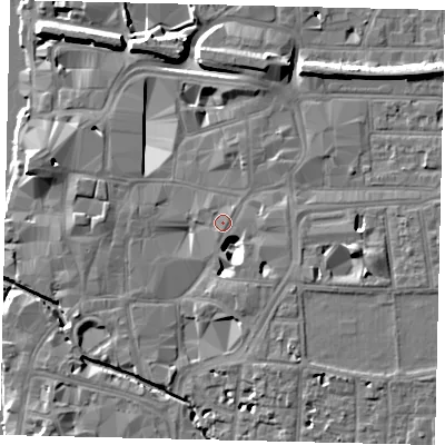 Shaded relief map of the ground around KT11DA, computed from Environment Agency LiDAR. The ground here sits at about 8 m above sea level and falls 11 m across the surrounding 800 m. Surface water reaching this point runs off ground lying to the east-south-east, 0.8 m higher.