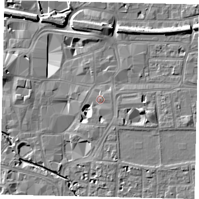 Shaded relief map of the ground around KT11DF, computed from Environment Agency LiDAR. The ground here sits at about 9 m above sea level and falls 11 m across the surrounding 800 m. Surface water reaching this point runs off ground lying to the south, 1.0 m higher.