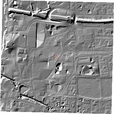 Shaded relief map of the ground around KT11DH, computed from Environment Agency LiDAR. The ground here sits at about 8 m above sea level and falls 11 m across the surrounding 800 m. Surface water reaching this point runs off ground lying to the south-south-east, 0.9 m higher.