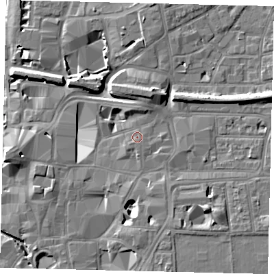 Shaded relief map of the ground around KT11DN, computed from Environment Agency LiDAR. The ground here sits at about 8 m above sea level and falls 11 m across the surrounding 800 m. Surface water reaching this point runs off ground lying to the north, 2.2 m higher.