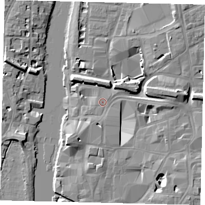 Shaded relief map of the ground around KT11DX, computed from Environment Agency LiDAR. The ground here sits at about 7 m above sea level and falls 11 m across the surrounding 800 m. Surface water reaching this point runs off ground lying to the north-east, 7.6 m higher.