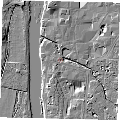 Shaded relief map of the ground around KT11EA, computed from Environment Agency LiDAR. The ground here sits at about 7 m above sea level and falls 10 m across the surrounding 800 m. Surface water reaching this point runs off ground lying to the south-south-east, 6.4 m higher.