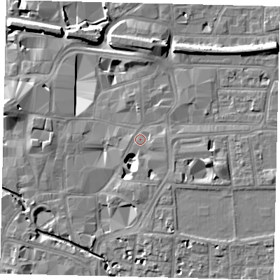 Shaded relief map of the ground around KT11ED, computed from Environment Agency LiDAR. The ground here sits at about 8 m above sea level and falls 11 m across the surrounding 800 m. Surface water reaching this point runs off ground lying to the south-south-east, 1.0 m higher.