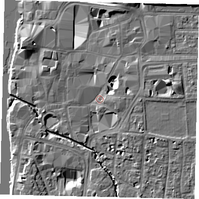 Shaded relief map of the ground around KT11EE, computed from Environment Agency LiDAR. The ground here sits at about 8 m above sea level and falls 11 m across the surrounding 800 m. Surface water reaching this point runs off ground lying to the east, 8.1 m higher.