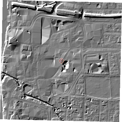 Shaded relief map of the ground around KT11EG, computed from Environment Agency LiDAR. The ground here sits at about 8 m above sea level and falls 11 m across the surrounding 800 m. Surface water reaching this point runs off ground lying to the east-south-east, 7.7 m higher.
