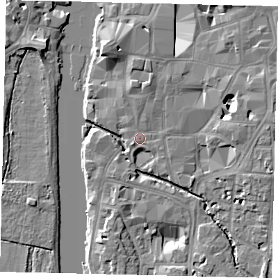 Shaded relief map of the ground around KT11ET, computed from Environment Agency LiDAR. The ground here sits at about 8 m above sea level and falls 10 m across the surrounding 800 m. Surface water reaching this point runs off ground lying to the north, 2.1 m higher.