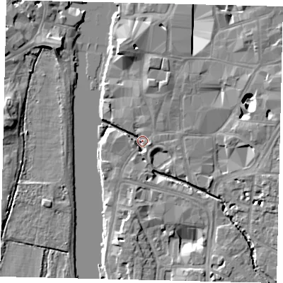 Shaded relief map of the ground around KT11EY, computed from Environment Agency LiDAR. The ground here sits at about 7 m above sea level and falls 10 m across the surrounding 800 m. Surface water reaching this point runs off ground lying to the north-north-east, 4.7 m higher.