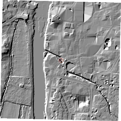 Shaded relief map of the ground around KT11HD, computed from Environment Agency LiDAR. The ground here sits at about 5 m above sea level and falls 10 m across the surrounding 800 m. Surface water reaching this point runs off ground lying to the north-north-east, 4.7 m higher.
